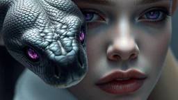 A highly detailed digital artwork depicting a close-up of a human face and a snake, the subject's skin is pale with a smooth texture reminiscent of scales and the snake's head is meticulously detailed, its head is facing the viewer, its eyes are large and expressive with vibrant purple irises and long dark eyelashes giving it a mystical, almost ethereal appearance, the eyes are surrounded by a shimmering, iridescent quality suggesting a magical or otherworldly quality, the background is a soft g