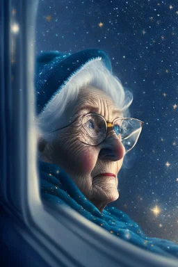 grandma elf , with background star field seen in the window of a boat, 4 k, trending art, depth of field