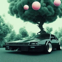 1980's aesthetic vaporwave wood trees with spheres and car clasic and sexy girl balck car low intricate detail