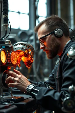 Cybernetic engineer conceiving and constructing fantastical cybernetic creations that redefine the laws of nature, portrait shot