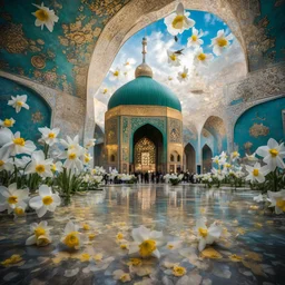 Jamkaran Mosque in Iran has blue, green and gold colors, many domes with beautiful lighting and around the mosque it are alot of white Daffodil flower in the floor , clouds with small birds in sky. Also man like the Prophet Muhammad