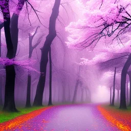 Trees growing pink and purple leaves, glitter, fog, willow, forest, beautiful, magic