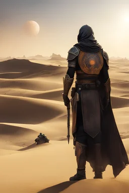 [tattoo covered youthful warrior] The twin suns sink low on the horizon as Tarren Dustwalker stands sentinel upon the dune, inked flesh shifting in their dying light. He is the last guardian of Tatooine now, all other Defenders fallen these past moons. Tarren's tattoos witness that long he has kept his lonely vigil here. His keen eyes note every grain of sand, searching for any threat borne on the fading breeze. One hand rests lightly upon the haft of his well-worn axe, callused fingers wrapping