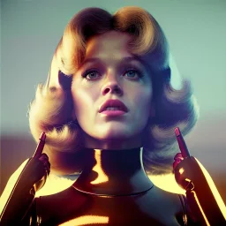 Ultra Realistic retro sci-fi portrait supermarket image from 1960, many explosions, sweet young Jane Fonda, tight latex suit, weapon, fighting stance, soft color, highly detailed, unreal engine 5, ray tracing, RTX, lumen lighting, ultra detail, volumetric lighting, 3d, finely drawn, high definition, high resolution.