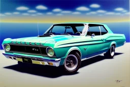 a true-to-life 1967 Ford Falcon XR GT, centered, intricate, extreme detailed, photorealism, center view, city background, pivot on ford, pen and color marker, painting by cheryl kelley