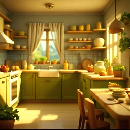 kitchen, table full of food , close up breakfast , realistic, hidden object game style, super detailed, 8k, breakfast on the round table, interior, italian view, a lot of different food, cozy , soft colors, soft light, wooden table , fridge, stove, kitchen appliances, modern, cupboards, curtains, round windows, plants , macro , boho style