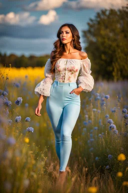 fullbody girl makeup wearing a victorian top and tight pants walking in country side ,flowers ,pretty clouds in blue sky