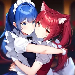 Clear Focus, High resolution, wearing a maid uniform, fluffy hair and a long ponytail, blue hair, cat ears, meowing, hugging another girl with red long fluffy hair also wearing a maid outfit, looking at you