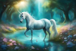 An_enchanted_landscape,_dappled_sunlight,_with_a_graceful_unicorn with a slender head_._The body is fine and the head is slender The_scene_is_in a wonderful field of flowers. there are butterflies and sparks of light everywhere. There is a turquoise river. Magical atmosphere.