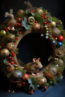 Antique decorated Christmas wreath in Victorian style with tiny mice scattered among decorations