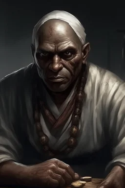 A native Indian chef, they but a fabric on his eye so he can not see and his arms are Handcuffed. looks miserable with bruises on his face like he has been beating sitting on a broken chair in a prison with dem light and dark prison environments , Busch painting style , sureal