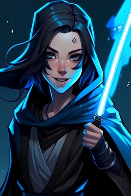Female Star Wars Jedi with black hair, black cloak and a blue lightsaber, sticking her tongue out