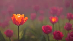 closeup orange tulip growing in pastel colored rose forest, trees, flowers, fairy lights, night, 8k, high quality, trending art, trending on artstation, sharp focus, studio photo, intricate details, highly detailed, by greg rutkowski