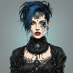 Create a wild, imaginative, full body, goth punk girl with highly detailed facial features, in the vector graphic style of Nirak1,Christopher Lee, and Cristiano Siqueira, vibrant colors, 3d vector