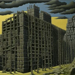 A black spongy fortress filled with chains painted by John Brack