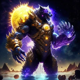 A terrifying creature combining water and sun with the powers of a werewolf and Dracula A battle suit made of galaxies and stars with a glove that has seven endless stones with thanos Infinity Gauntlet