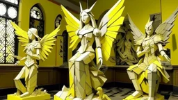 A light yellow ruins with angel statues designed in Javanese origami painted by Roy Lichtenstein