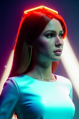 Young business woman, sci-fi, auburn hair, orange eyes, gold jewelry, elegant hair, retro neon style, a lot of led lights, fog, rain, leather, vibrant color, highly detailed, art stations, concept art, smooth, unreal engine 5, god rays, ray tracing, RTX, lumen lighting, ultra detail, volumetric lighting, 3d, finely drawn, high definition, high resolution.