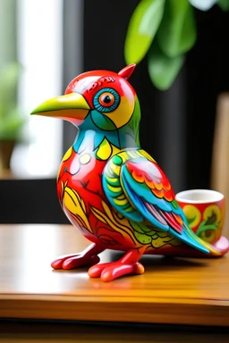 a cheerful and colorful turako bird full-length offers to drink coffee 16k