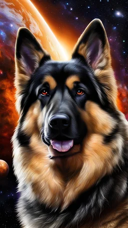 Long haired German shepherd, Alaskan Malamute, planet mars, space background, black whole, space travel, alien planets, glowing aura, gold, lightspeed, stars, intense colors, photo realistic, galaxys