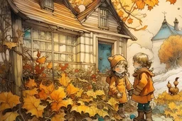 Farmhouse,, autumn flowers, kids playing snow, snowbirds highly detailed intricate intricate details beautiful high definition crisp quality beautiful lighting Michelangelo pencil sketch Alphonse Mucha watercolor dramatic lighting Deep shadows Warm colors warm light constellation