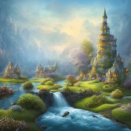 paradise , milk river , honey river , castle , big , heaven , light , trees , fruit