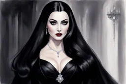 A bewitching portrait of Morticia Addams in a moment of seductive allure. Her obsidian black hair cascades down her shoulders, framing her pale, sculpted face with high cheekbones and piercing dark eyes. Her lips are a deep crimson, slightly parted in a knowing smile. She wears a flowing, form-fitting black gown that accentuates her slender figure, its fabric clinging sensuously. The background is a dimly lit, gothic chamber, perhaps with ornate, shadowy furnishings and a hint of cobwebs. The li