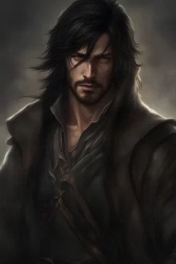 Hyper realistic image of a fantasy Male rogue with a patchy beard with long black hair with some bangs hanging over his face,