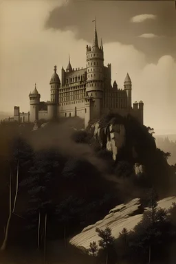 an Victorian era photograph of an Antebellum Dwarf castle on the city skyline