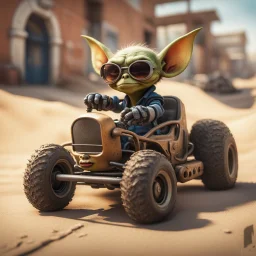 airbrush with pen outline, cool pimp gremlin driving dune buggy against a wall wearing driver gloves, wearing flip down sun glasses, in the style of a fallout 4,bokeh like f/0.8, tilt-shift lens 8k, high detail, smooth render, down-light, unreal engine, prize winning