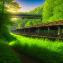 trainspotting, on a bridge through the seasons, hills and trees, motion blur, 8k, downlight, soft light, depth of field, photorealism, trending on art station, lotsa detail