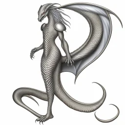 A dragonoid human with silver scales along with a long, flexible tail