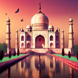 The Taj Mahal, Hindistan, sunset, fantasy art, flying birds, springs, waterfall