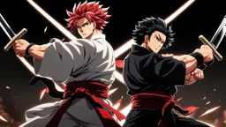 yujiro hanma vs yoriichi tsugukuni, baki vs kimetsu no yaiba, two mans standing in front of each other, a big strong man in black shirt with red hair and evil grin in martial art's stance with bare fists facing a smaller feminine swordsman with long hair and calm face reaching for his sword in traditional japanese clothes both preparing to fight each other