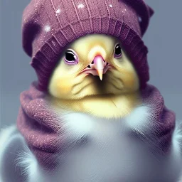 hyper realistic cute baby chick wearing winter cloths and woolen cap serious expression, highly detailed