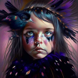 #Leonardai Starling , photorealistic ,pop surreal , lowbrow art ,enchanting portrait of a cute little girl ,representing a starling , feathers in her hair ,black and vibrant colors , sweet , magical , cosy warm light , whimsical, alluring , dazzling ,, expressive