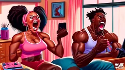 black lady yells at the phone while her boyfriend sits at home working out laughing