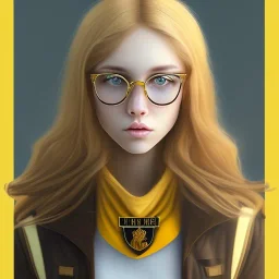 Girl with long wavy brown blond hair, yellow eyes. Wears Hogwarts Hufflepuff uniform, sunglasses with a yellow clip. She has a snowy owl with yellow eyes on her shoulder.