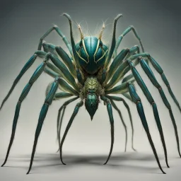 [photorealistic, greenish-blueish, half-woman] the Arachnomorph Queen, a monstrous hybrid that seemed to defy the laws of nature.Her upper torso was that of an elegant woman, but her lower body morphed seamlessly into a grotesque spider's abdomen. The eight spindly legs that supported her colossal form ended in razor-sharp pikes, glinting ominously in the dim light. The queen's eyes, like shards of obsidian, fixed upon the intruders with a malevolent intelligence.