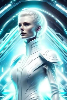 femme magnifique galactique commandante d'une flotte de vaisseaux, gardienne de la galaxie, combinaison blanche lumière au poste de commandement du vaisseau mère tout blanc très lumineux