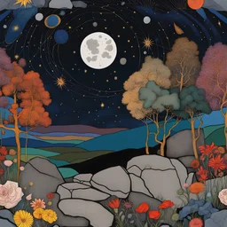 Colourful, peaceful, Egon Schiele, Max Ernst, night sky filled with galaxies and stars, rocks, trees, flowers, one-line drawing, sharp focus, 8k, deep 3d field, intricate, ornate