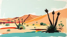 A tachisme-inspired interpretation of a desert oasis, with bold, abstract strokes creating a sense of movement and life in the otherwise barren landscape.