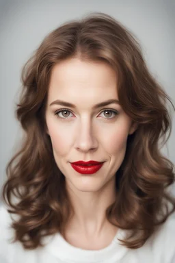 a portrait of a cute swedish girl with brown hair and large brown eyes and big red lips in her 40s