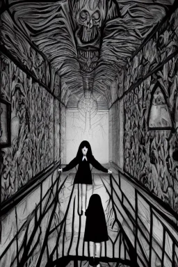 Wednesday Adams in 3d scary dark room Escher style