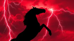full silhouette of a horse rearing up(on right facing left, outlined by lightning), red cloudy sky, lightning bolts(from top to bottom left), digital painting
