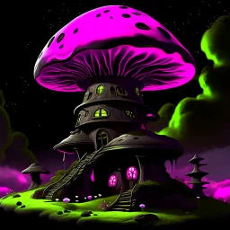 A fantabulous black, lime, and pink (((mushroom tower house))) erected atop a (geologic pillar), surrounded by the uncanny imaginative ((( swirling skies))), offset by the stark hues of a (neon-tinged nebulous space scape), within. captured by the hand a skilled master painter with a focus on (softly blurred compositions and voluminous lighting).