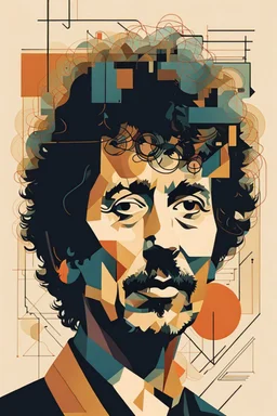 a highly detailed, abstract flat geometric portrait illustration of Bob Dylan in the minimalist style of Willi Baumeister, Federico Babina and Petros Afshar, sharply detailed and finely lined, in vibrant natural colors