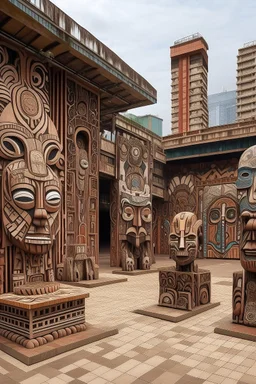A brown construction zone grounds near a city designed in African masks painted by Karl Wiener