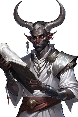 En Young male black skin tiefling fra dnd holding a book with Arcane Magic in a silver and White Rope. His horn a perfectly place on acet from the front to the back pointing upwards