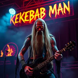 a very thin swedish viking man, evil with very long blonde hair (2 meter), (fat glowing eyes), he is called "KEBAB MAN" performing at death metal club, his name is "KEBAB MAN" kebab rolls On stage, kebab Neon lights and smog, and "KEBAB MAN" big sign on the wall, kebab tribal tattooes, spinning kebab machines, flames and smoke, chaos, he using gasolin and pour it on the guitar on the stage